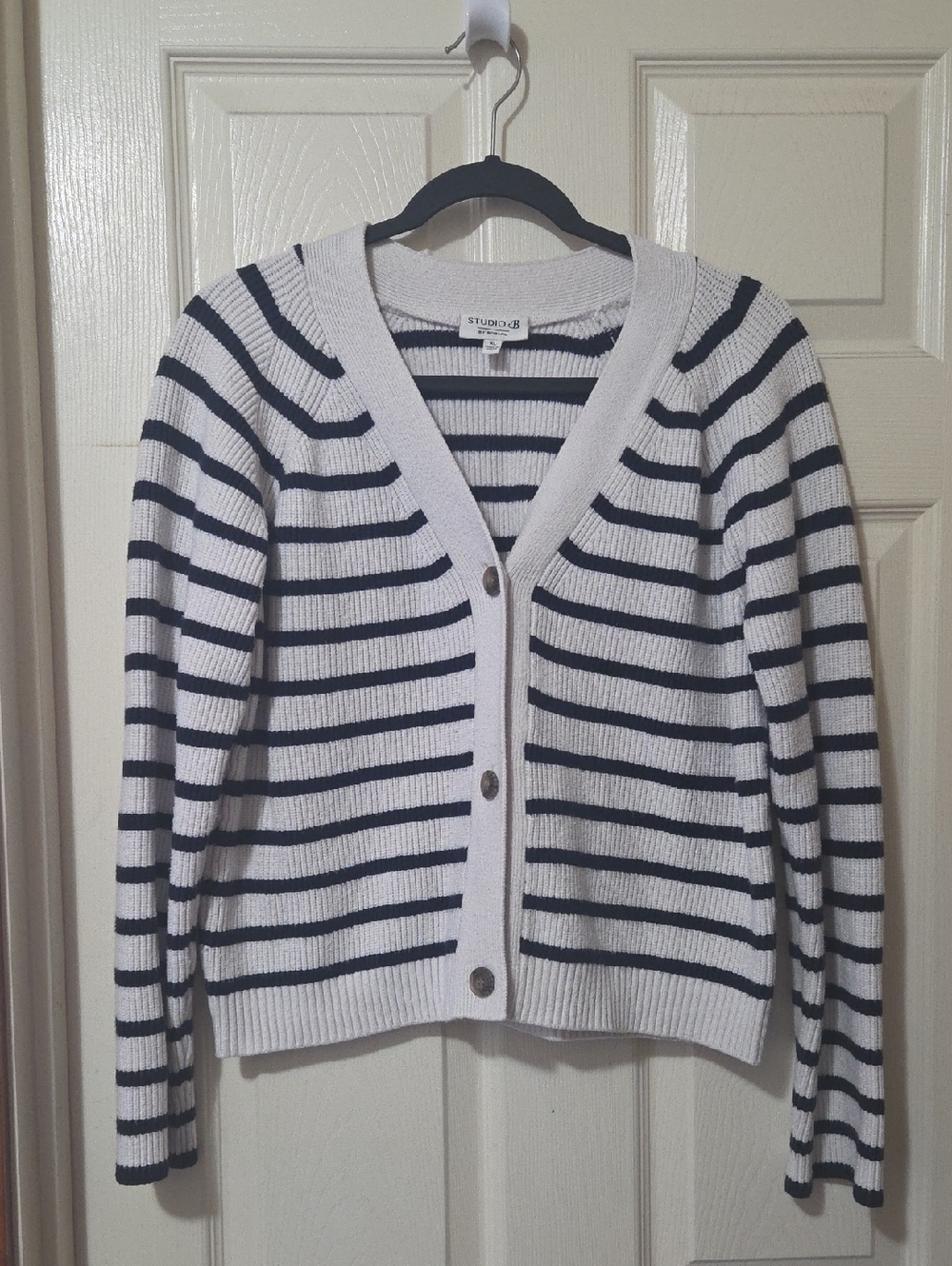 Studio Navy & White Striped V-Neck Button Cardigan